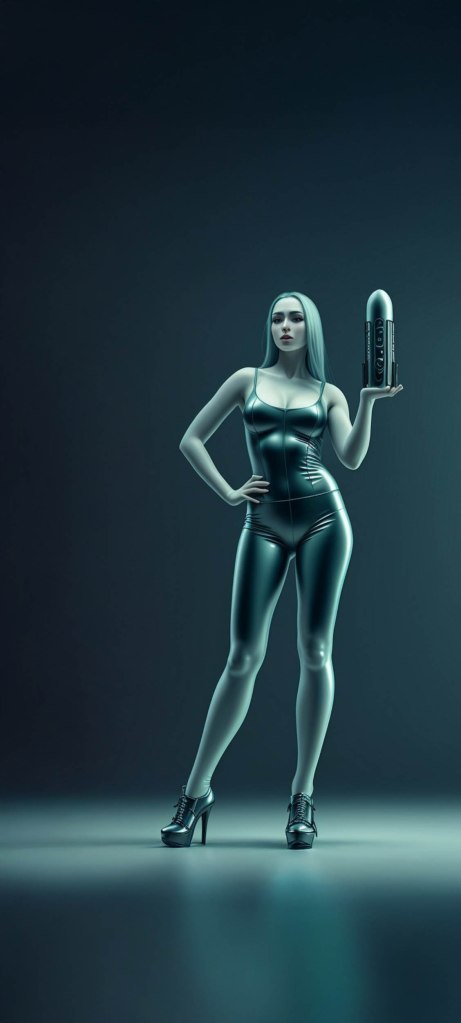 A woman in a form-fitting black latex outfit holding a futuristic device, standing confidently against a dark background.