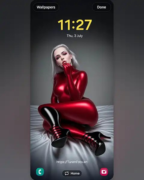 MAE – Bold Fashion: A Model in Red Latex on White Bedding; Download free phone wallpaper&nbsp;9:21
