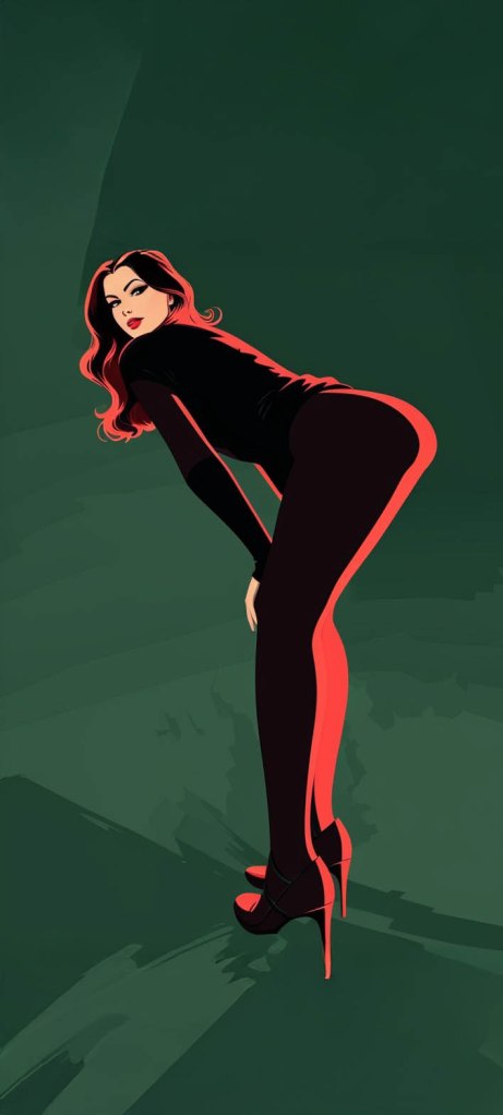 An illustrated female character in a black outfit and high heels, set against a green background, posing with a confident stance.