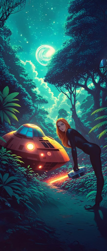 A futuristic scene depicting a woman in a black suit holding a device, standing next to a spaceship in a lush, vibrant forest under a starry sky.