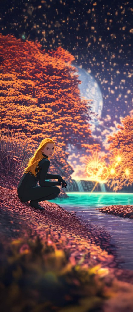 An animated scene featuring a girl with long blonde hair, dressed in black, crouching by a riverbank with colorful foliage and a shimmering body of water. The background includes a fantastical landscape with a large moon and glowing orbs.