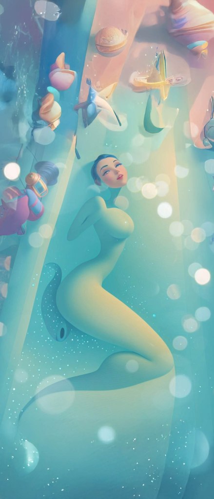 A stylized underwater scene featuring a serene figure resembling a mermaid, surrounded by colorful sea shells and bubbles, creating a whimsical atmosphere.