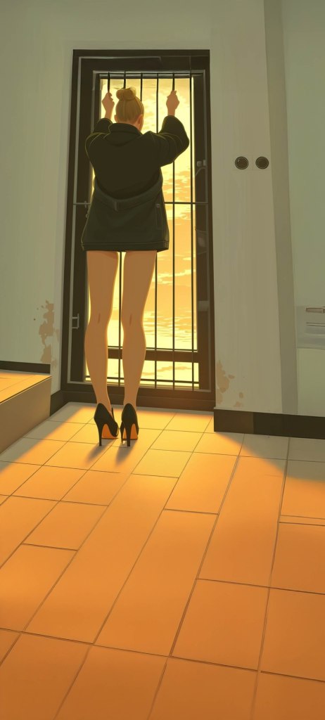 A person stands near a barred window, holding the bars with both hands, gazing outside at a sunset. The scene is illuminated by warm light, highlighting the person's silhouette and stylish high heels.