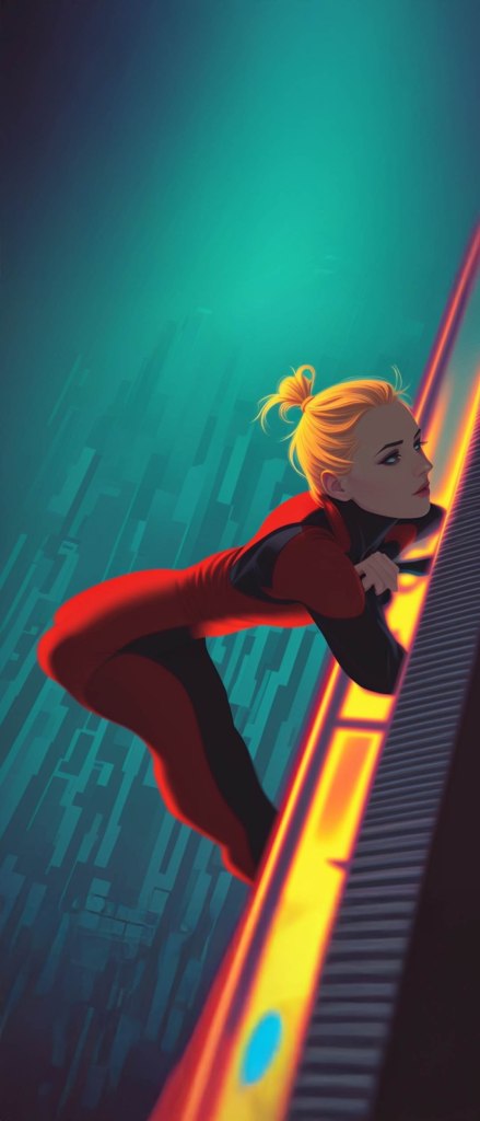 A digital illustration of a woman in a red and black suit, leaning forward with a focused expression, against a colorful, abstract background.