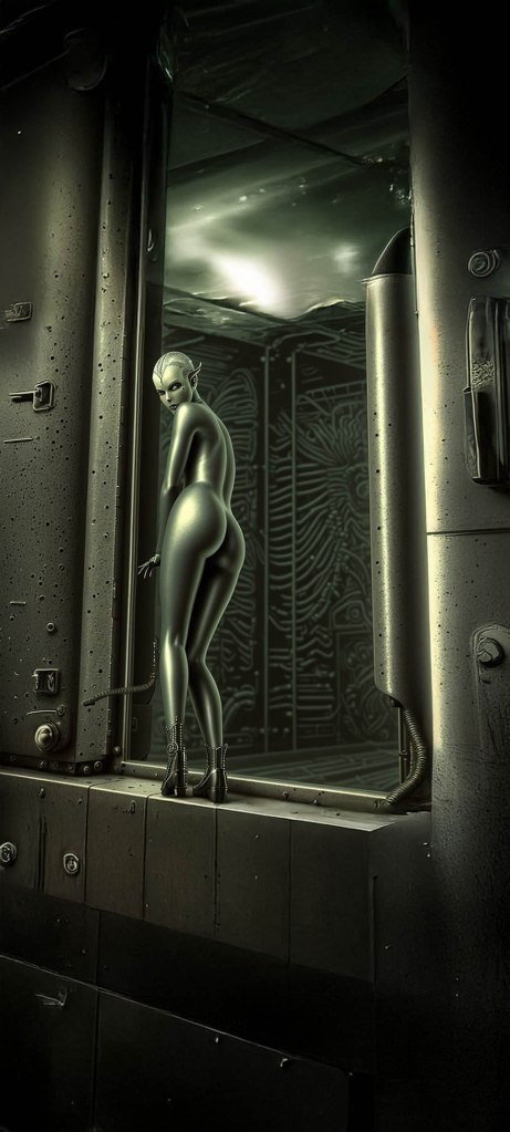 A stylized humanoid figure standing by a futuristic, dark entrance with intricate patterns on the walls, creating a sci-fi atmosphere.
