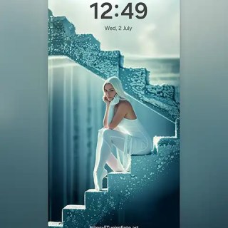 MAE – Ethereal Ballerina: Serenity in White on a Waterfall Staircase; Download free phone wallpaper 9:21
