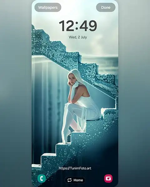 MAE – Ethereal Ballerina: Serenity in White on a Waterfall Staircase; Download free phone wallpaper&nbsp;9:21