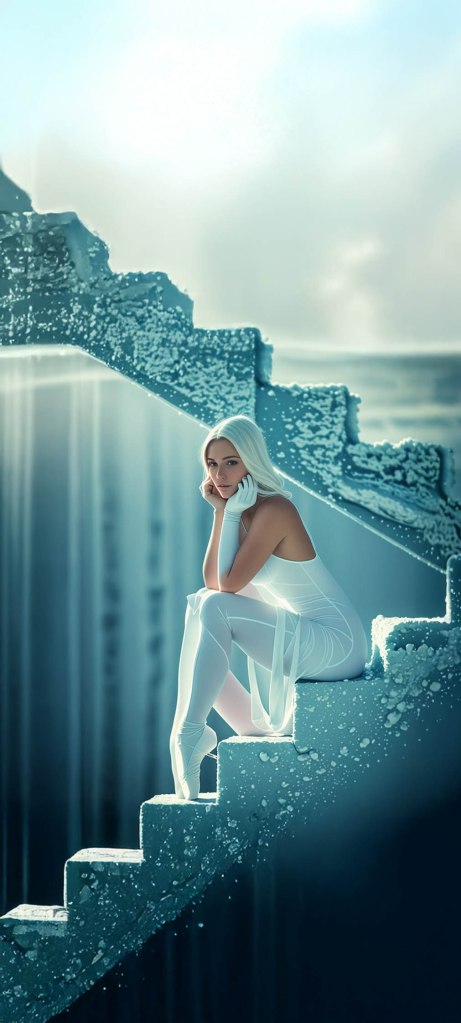 A serene ballerina in a white outfit sits on a staircase with a cascading waterfall in the background, surrounded by mist and ethereal light.