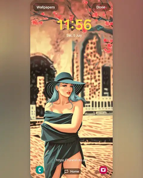 MAE – Stylish Woman with Blue Hair in Urban Cherry Blossom Backdrop; Download free phone&nbsp;wallpaper