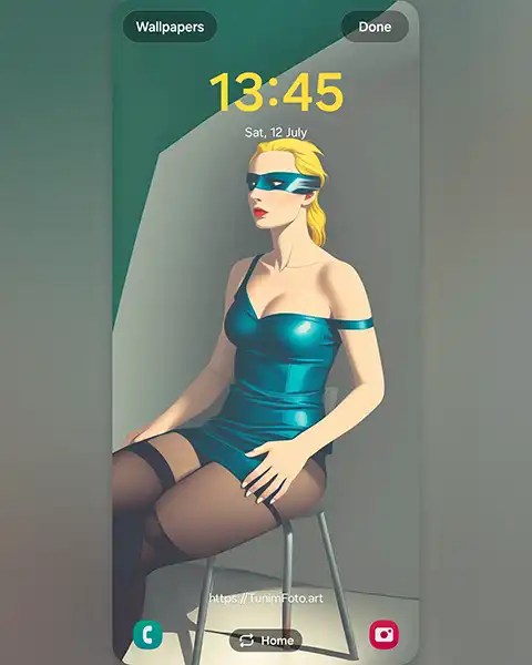 RUT – Stylish Illustration: Woman in Teal Outfit & Mask; Download free phone wallpaper&nbsp;9:21