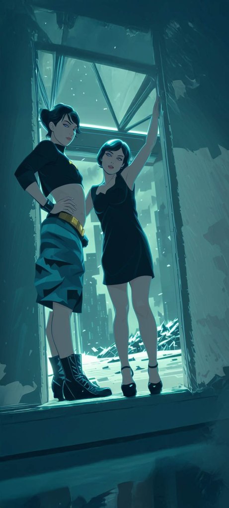Two stylized female characters stand in a dimly lit doorway, one in casual attire and the other wearing a dress, with a backdrop of a cityscape.