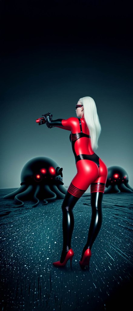 A woman in a red and black latex outfit with long white hair stands confidently, holding a futuristic gun. Two large, stylized octopus figures with glowing red eyes loom in the background, creating a surreal atmosphere.
