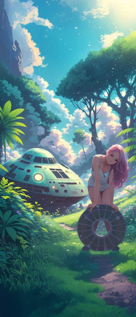 A young woman with purple hair holds a circular object while standing on a path surrounded by lush greenery. A futuristic spacecraft is partially visible in the background under a bright blue sky.