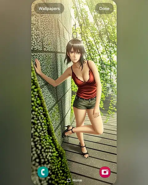 SIS in a red top and shorts poses against a moss-covered wall; Download free phone wallpaper 9:21