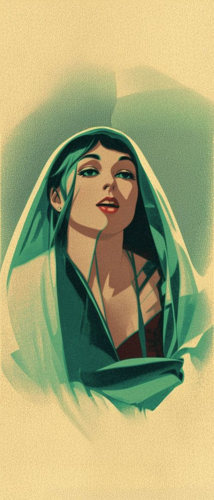 A stylized illustration of a woman with green hair, wearing a green veil and a deep red garment, set against a beige background.