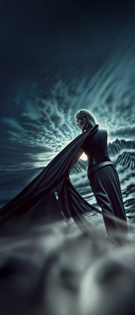 A figure in a dramatic pose, wearing a dark flowing cloak, stands against a moody background with swirling clouds and mountain silhouettes.