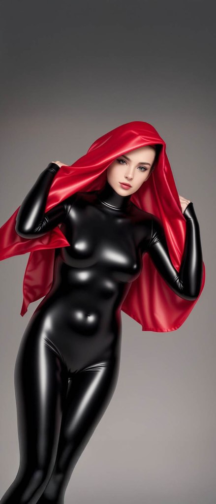 A figure in a form-fitting black outfit draped with a red cape, striking a pose against a neutral background.