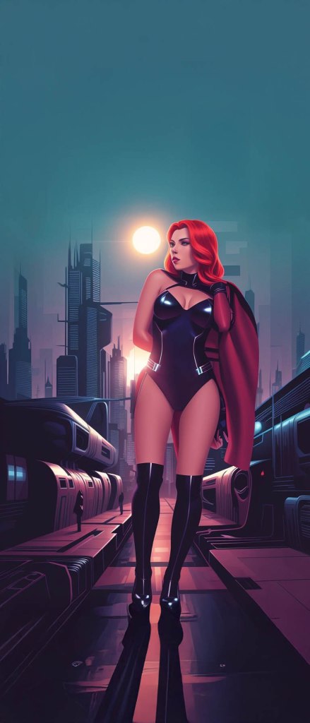 A female superhero Black Widow  poses confidently in a futuristic urban landscape, wearing a black outfit and a red cape, with a sunset illuminating the scene.