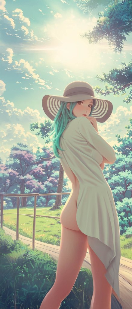 A manga comics illustration of a young woman with long teal hair wearing a large hat, standing outdoors in a scenic setting filled with lush greenery and colorful flowers.
