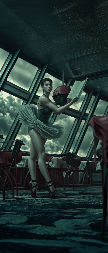 A ballerina in a dramatic, dimly lit setting with an industrial aesthetic, holding a sheet of paper while poised on stage.