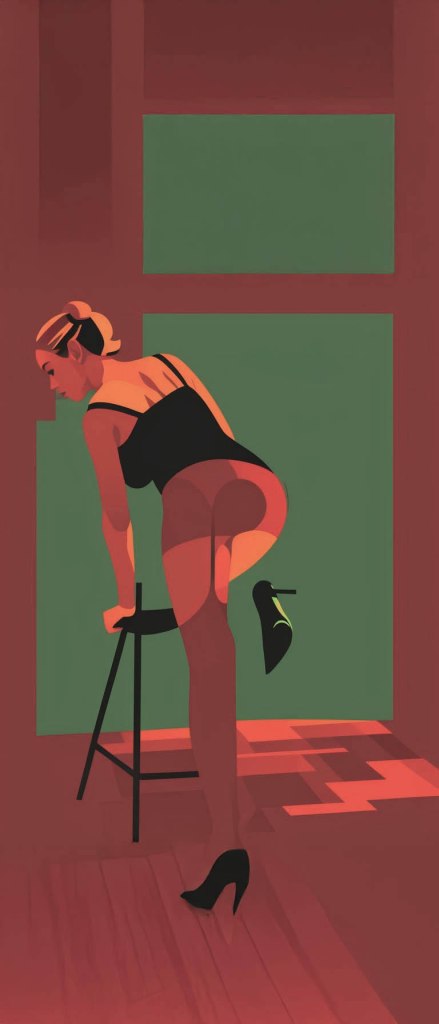 A stylized illustration of a woman in high heels, bending over a stool in a room with geometric shapes and warm colors.