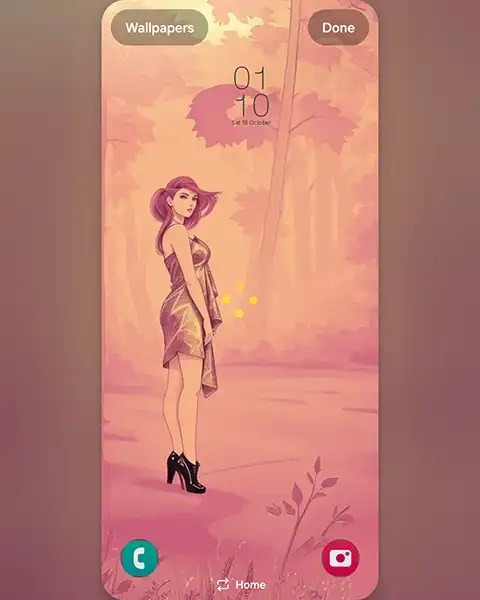 MAE – A stylized illustration of a woman in a shimmering dress standing in a serene forest setting, basking in soft pink&nbsp;hues.