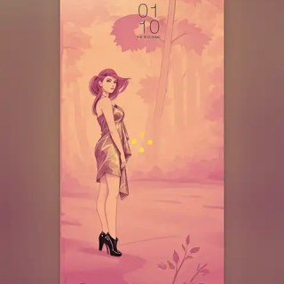 MAE – A stylized illustration of a woman in a shimmering dress standing in a serene forest setting, basking in soft pink hues.